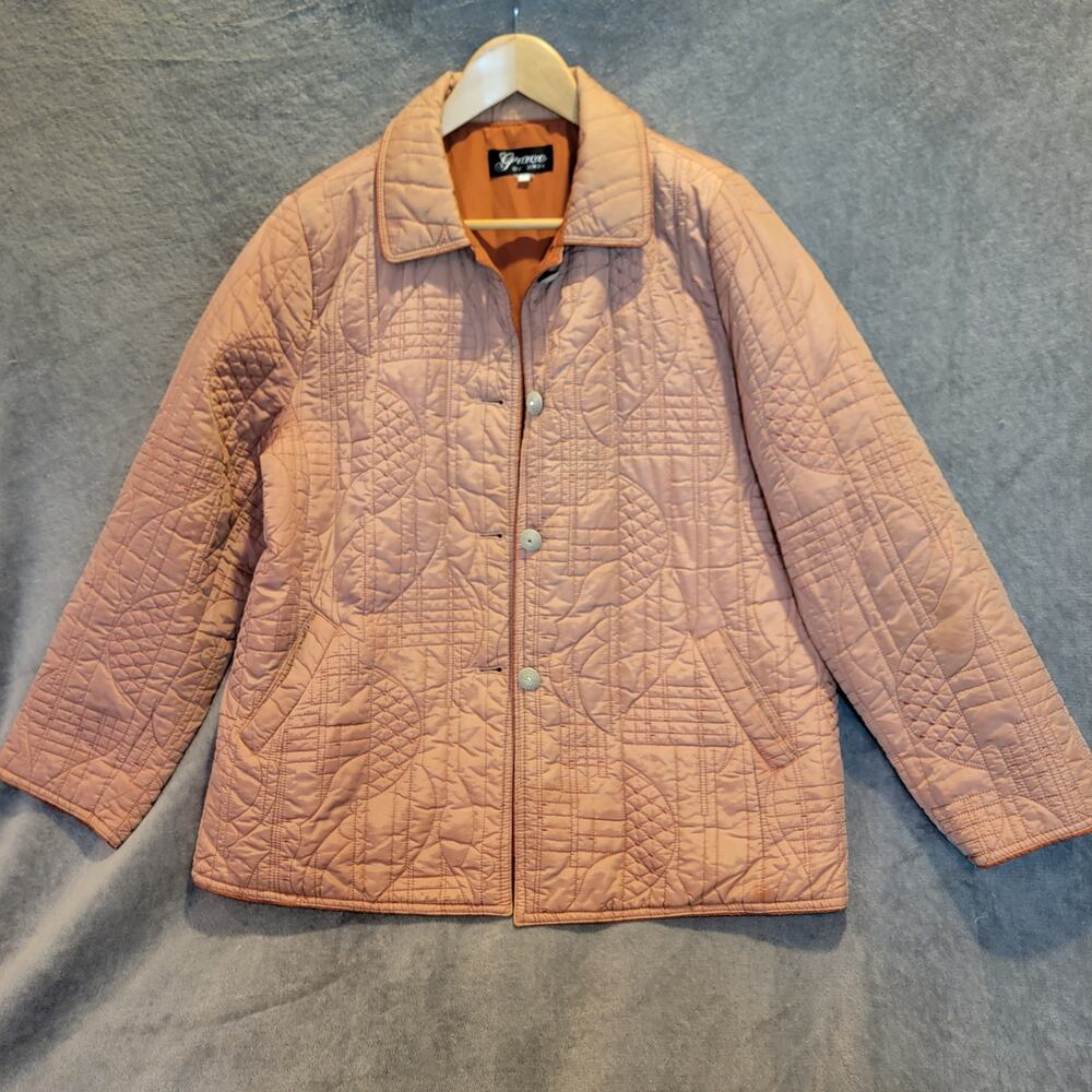 Grace Women’s Quilted Jacket Snap Button Taupe Brown Coat Medium Lightweight